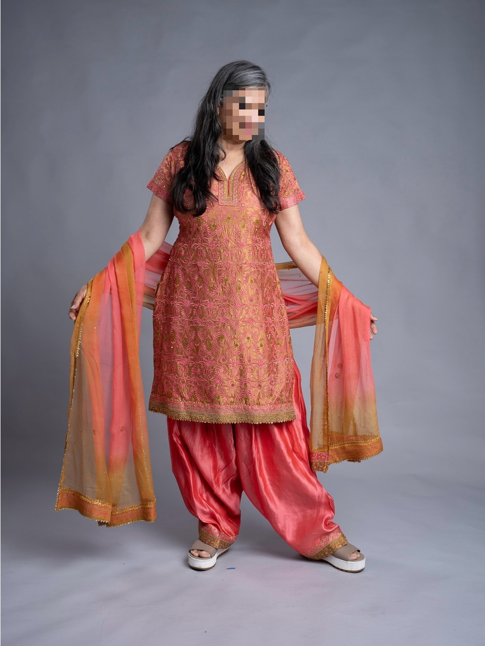 Embroidered Coral Pink Patiala Pants Wide Leg Set